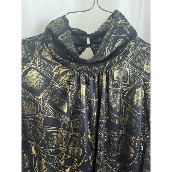 Vintage 80s Lauren Lee Liquid Metallic Leopard Black Gold Mock Neck Blouse Sz 8 - Picture 3 of 6